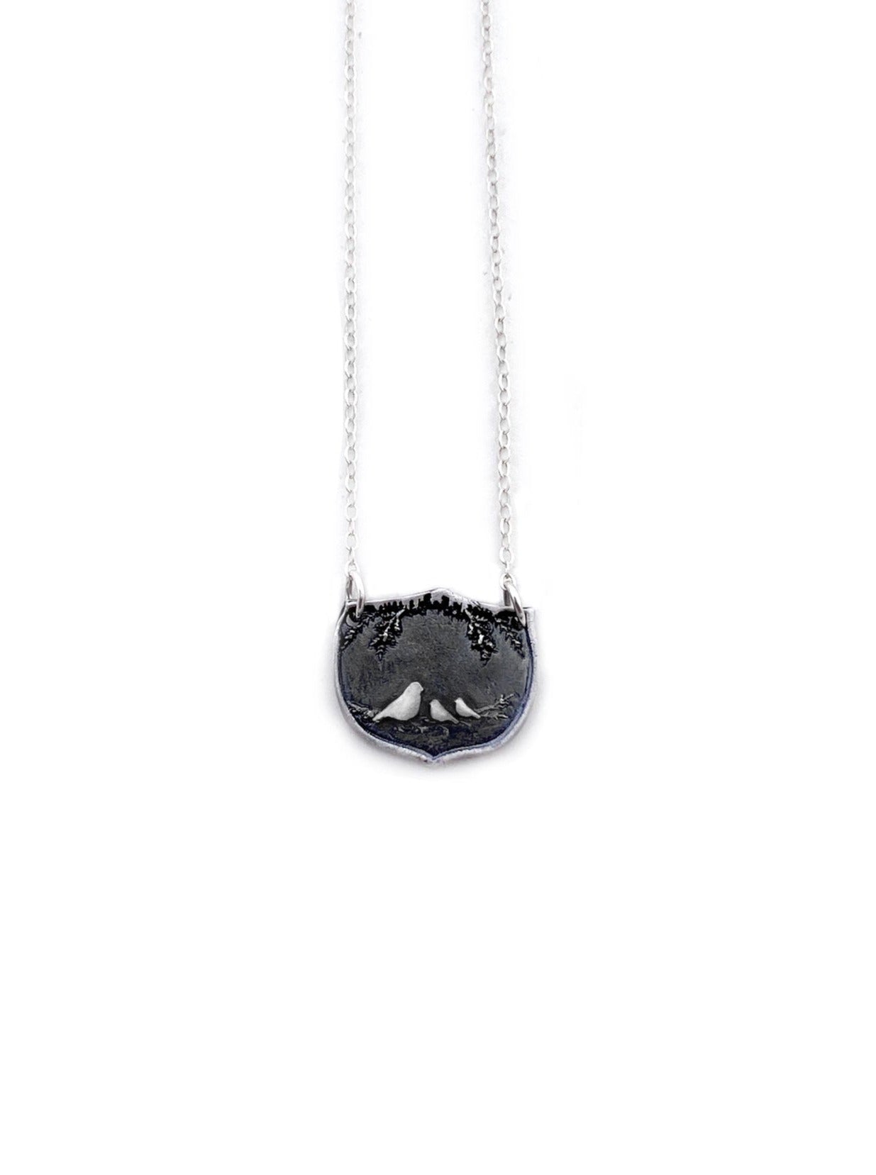 Mother Bird and 2 Baby Birds Shield Necklace